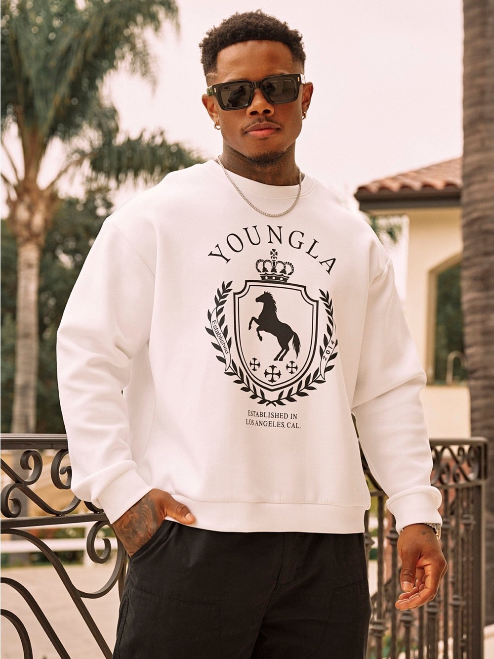 YoungLA White Crewneck Sweatshirt with Black Crest Graphic